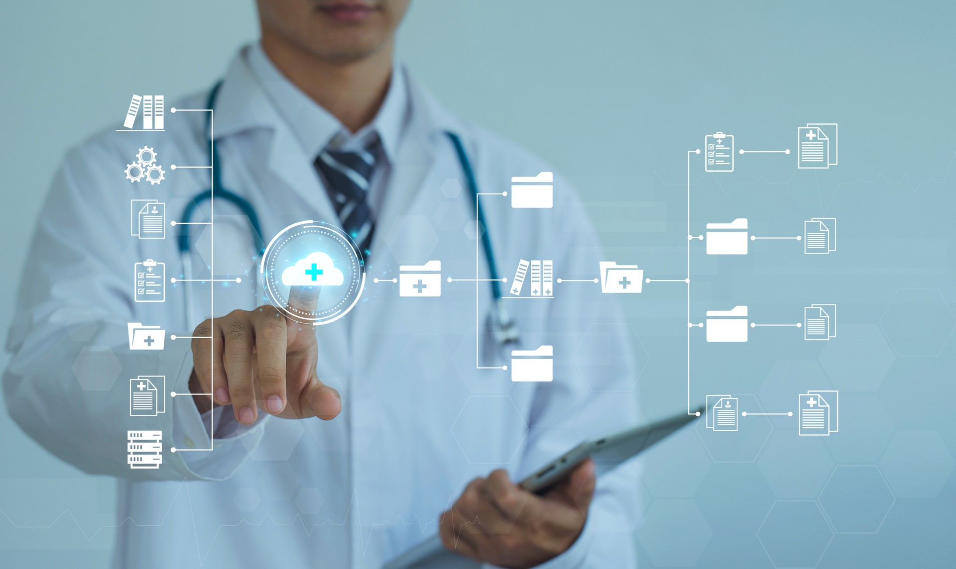 Doctor touch on virtual screens to access electronic databases and documents. Technology and access information, database, storage, Digital link tech, and big data with the assistance of AI.